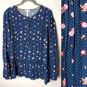 Matilda Jane Blouse Size Large Top Long Sleeves Floral Polka Dots Blue Pink